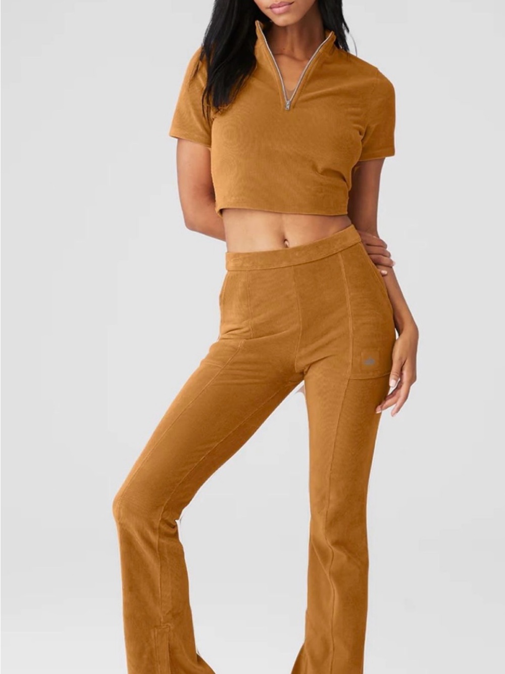 Alo Yoga Micro Corduroy 2 Piece Set Toffee Flare Pants Crop Top S - Picture 3 of 12